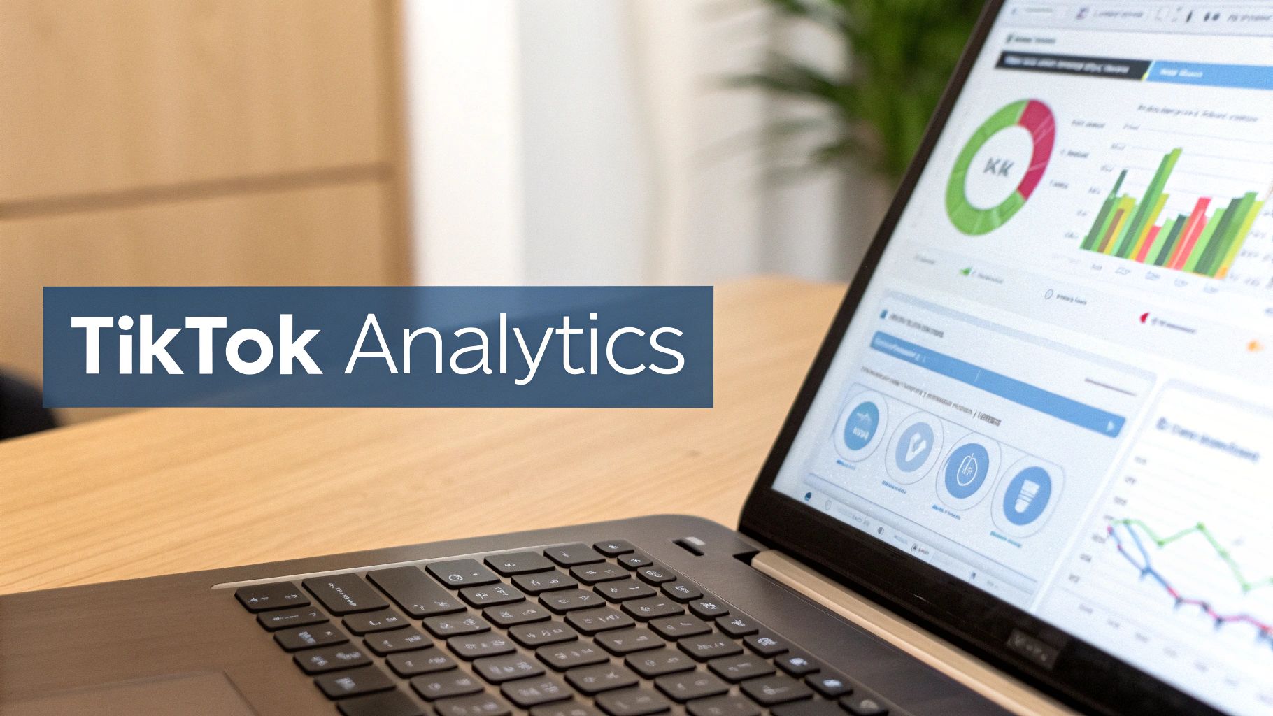 Een laptop toont data-analyse grafieken en diagrammen, met de tekst 'TikTok Analytics'.