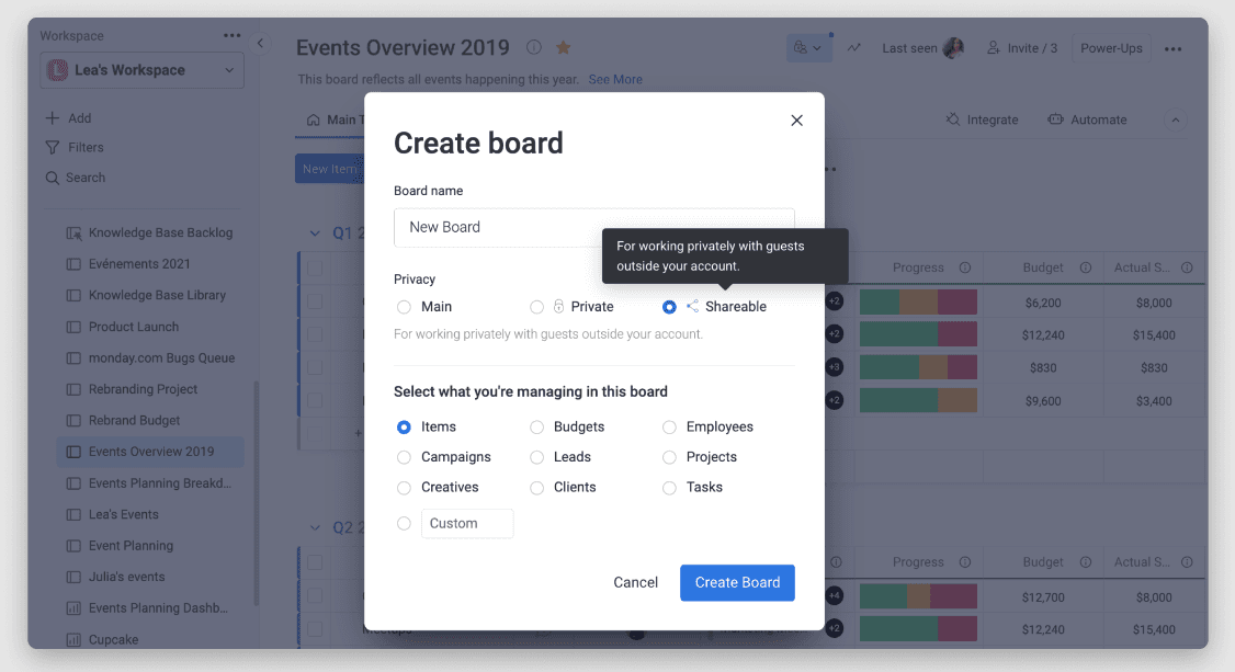 Overview of how to create shareable boards and add guests to your Monday workspace.