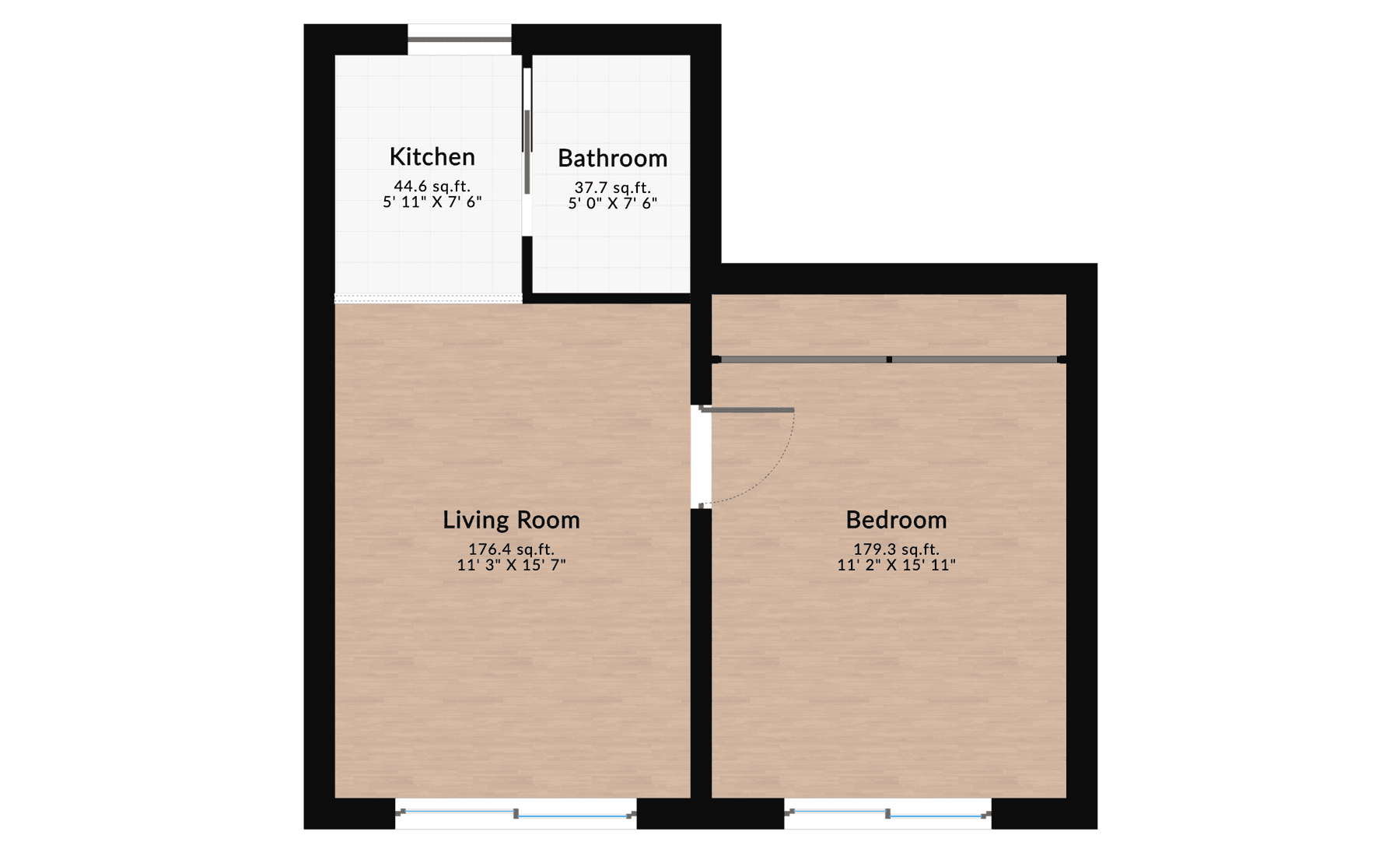 One-bedroom apartment floor plan featuring a living room, bedroom, compact kitchen, and bathroom designed for small spaces.