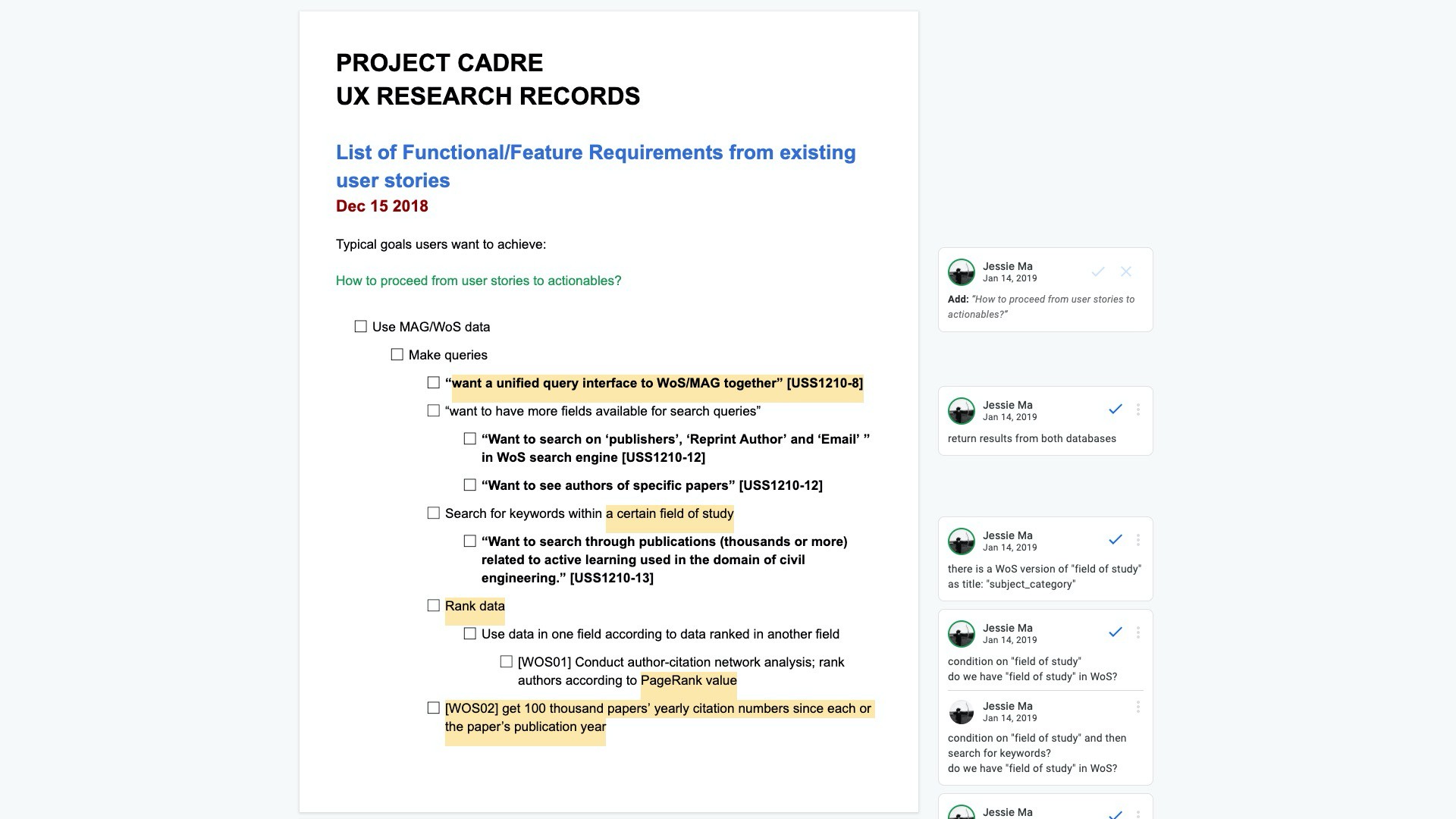 Functional requirements extracted from user stories.