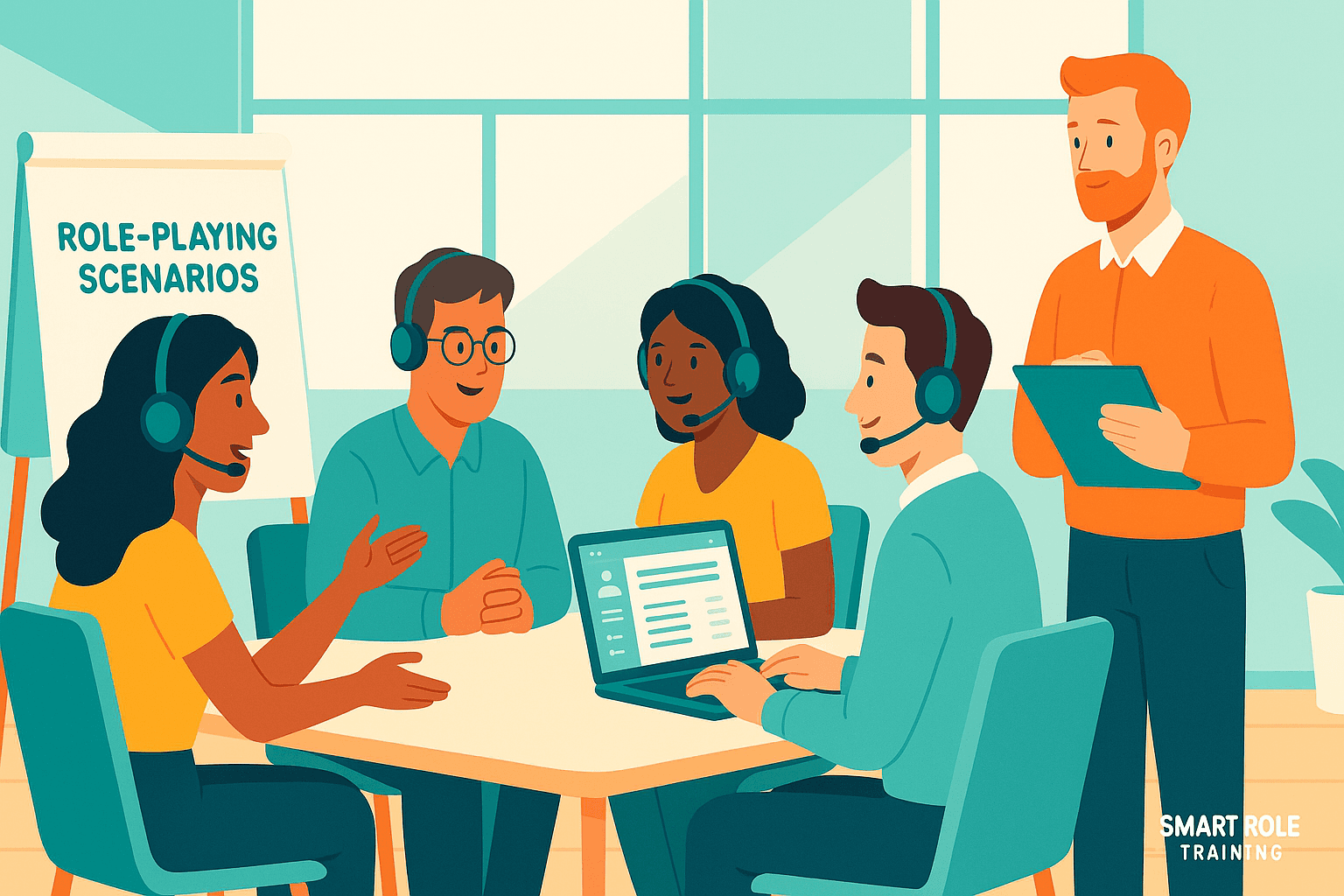 Digital illustration of customer service agents participating in a role-playing workshop, with one agent acting as a customer and a trainer observing, featuring Smart Role’s training resources in a modern training room.