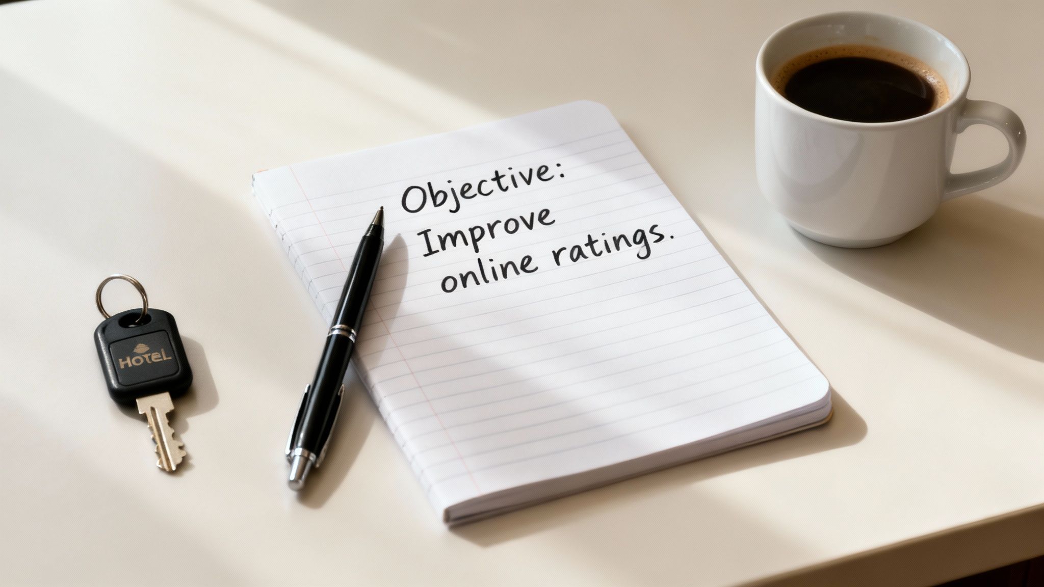 A person sketching out a questionnaire plan on a notepad with a laptop and coffee nearby.