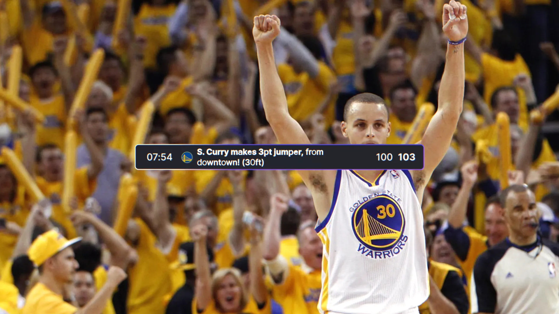 A player celebrates on the court, holding a banner in front of a cheering crowd dressed in yellow.
