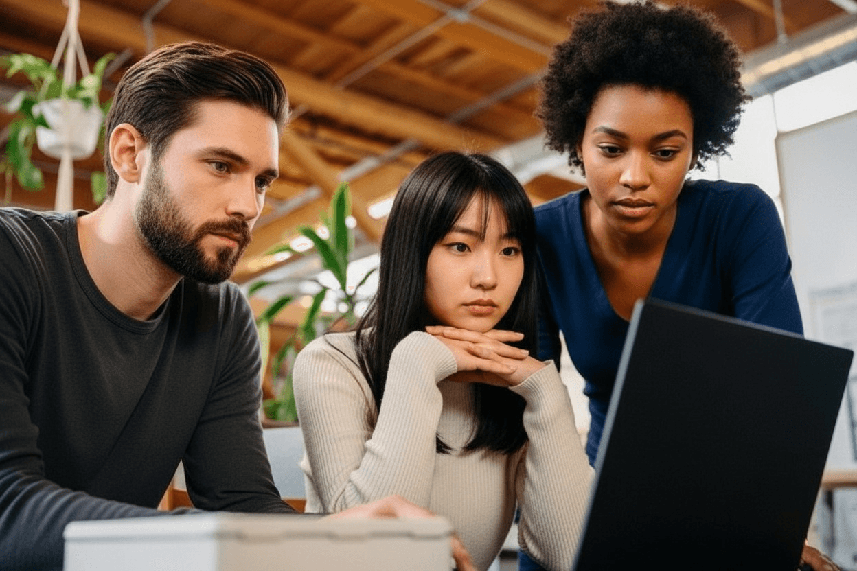 Three colleagues of diverse backgrounds looking intently at a laptop screen in a modern, bright office space.