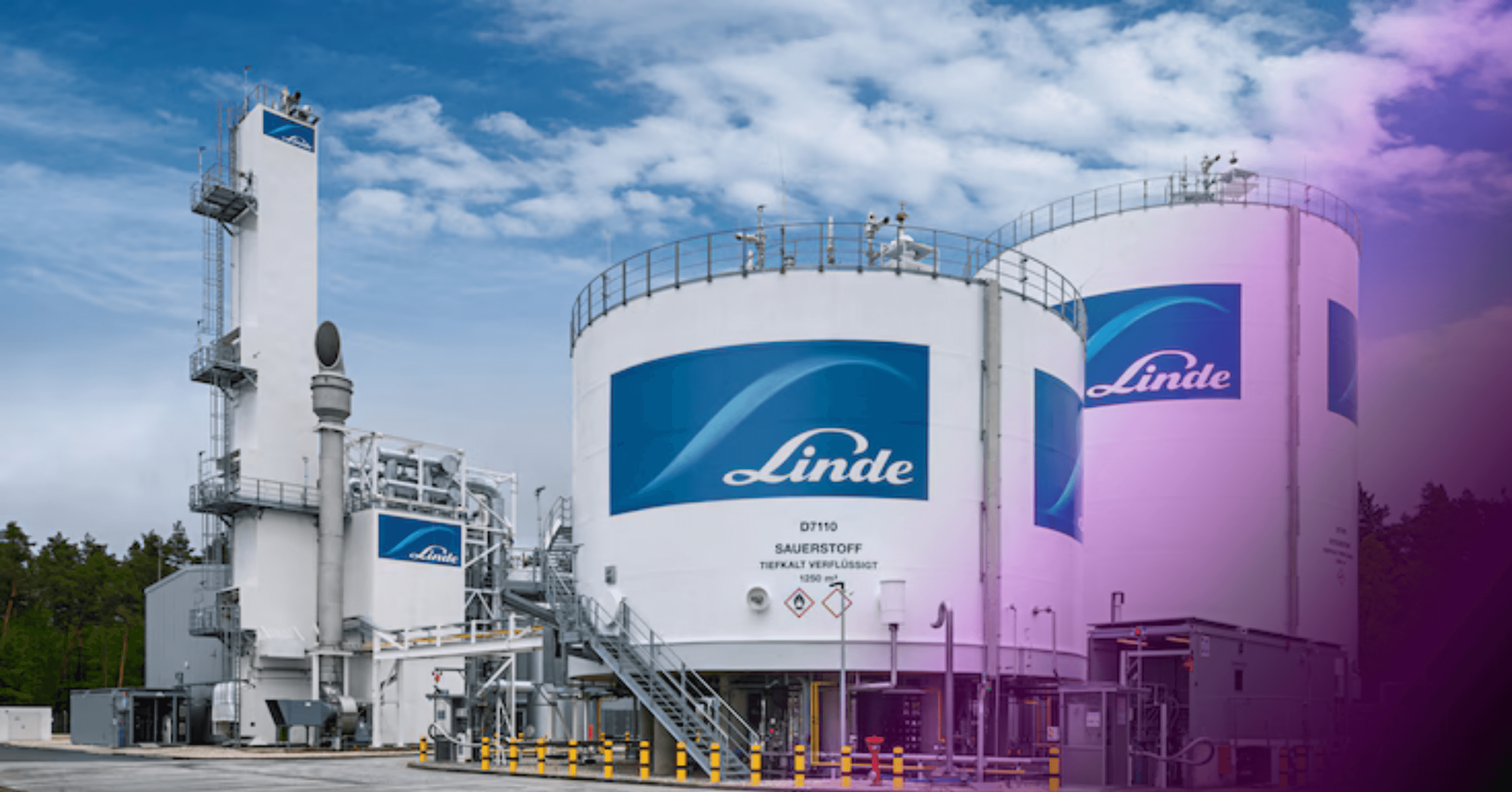 Linde energy sector industrial facility with liquid oxygen storage tanks and processing infrastructure.