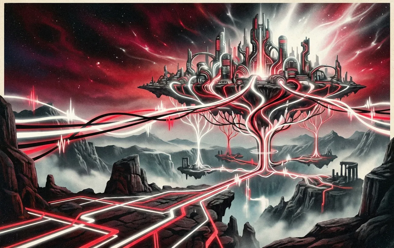 Floating cityscape with neon paths; RockN' Socials, Digital Marketing theme.