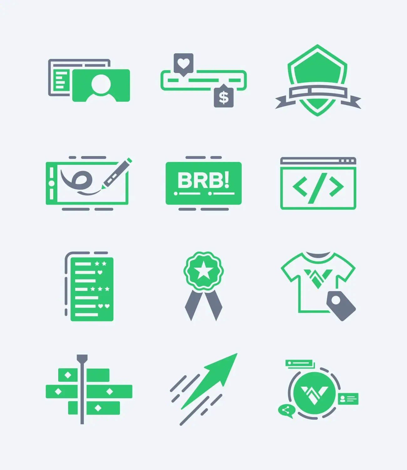 Icons in green and gray on a light background. They depict various themes like money, coding, design, achievements, and communication.