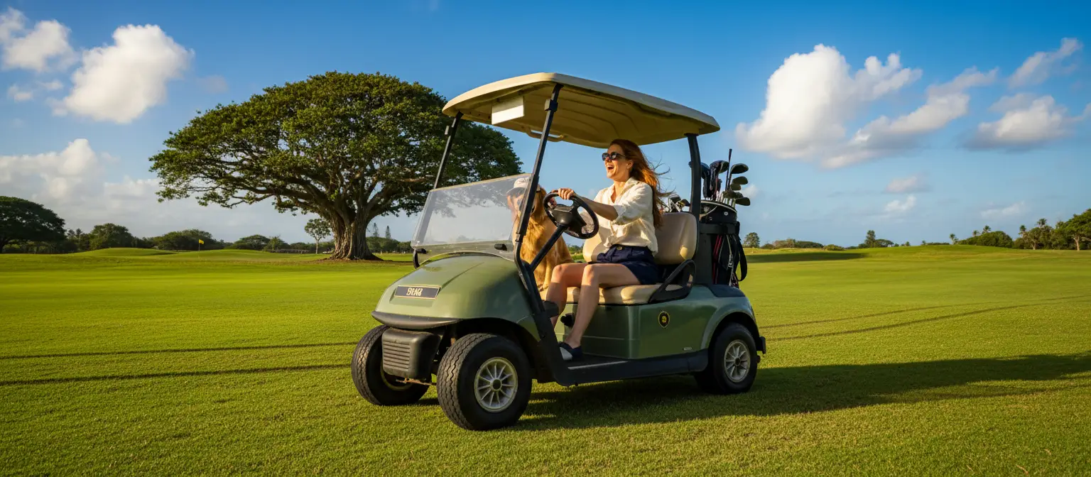 Golf cart driving on a course in Fiji