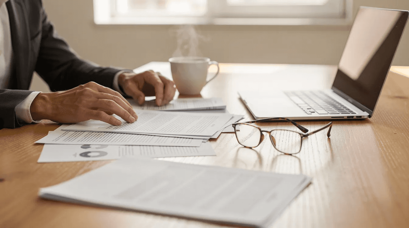 A person is seated at a wooden desk, reviewing documents and working on a laptop, with a coffee cup and reading glasses nearby. This scene reflects the thoughtful consideration involved in farmland investing and managing an investment portfolio related to agricultural property.