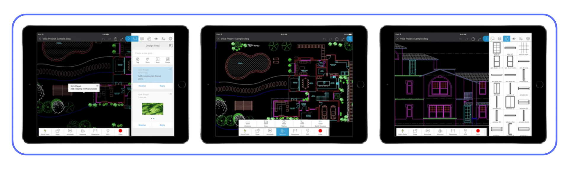 Three iPads running AutoCAD app, displaying different DWG layouts and design tools for architectural drawing on mobile.