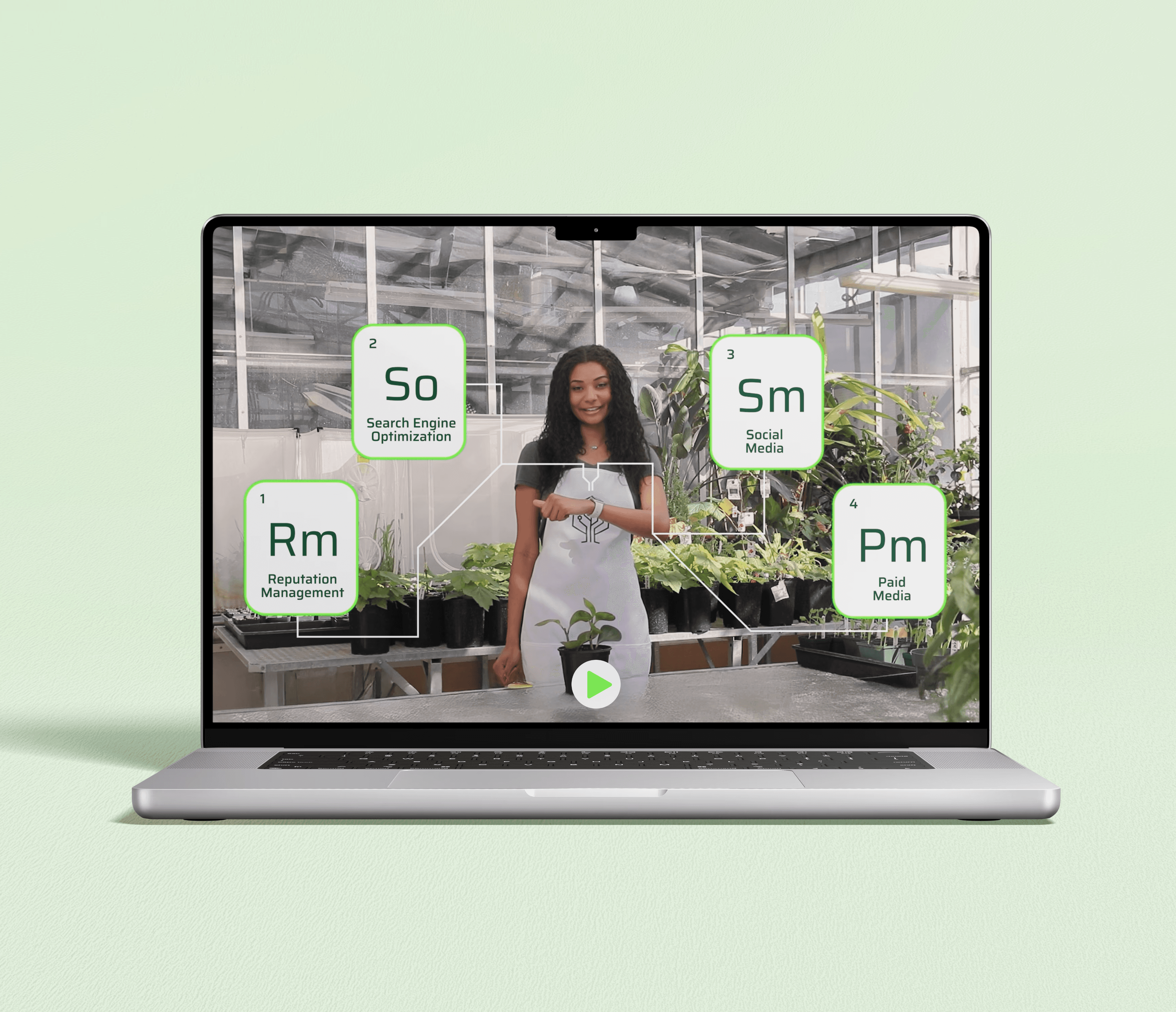 Laptop screen shows woman holding plant, digital marketing elements displayed.