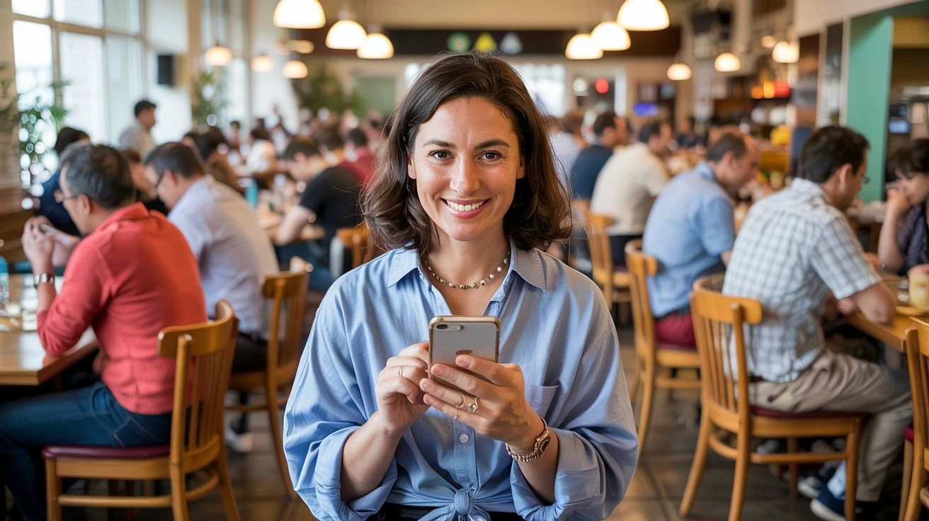 A woman in the canteen looking at the Pej Guest App