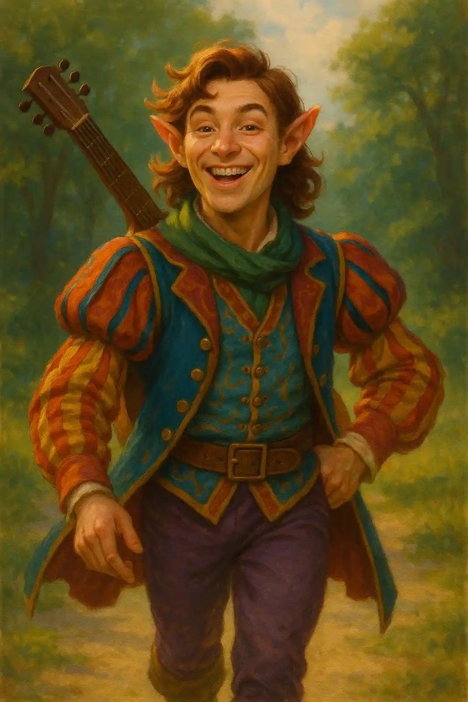 Charming half-elf bard with lute from AI DnD Character Generator