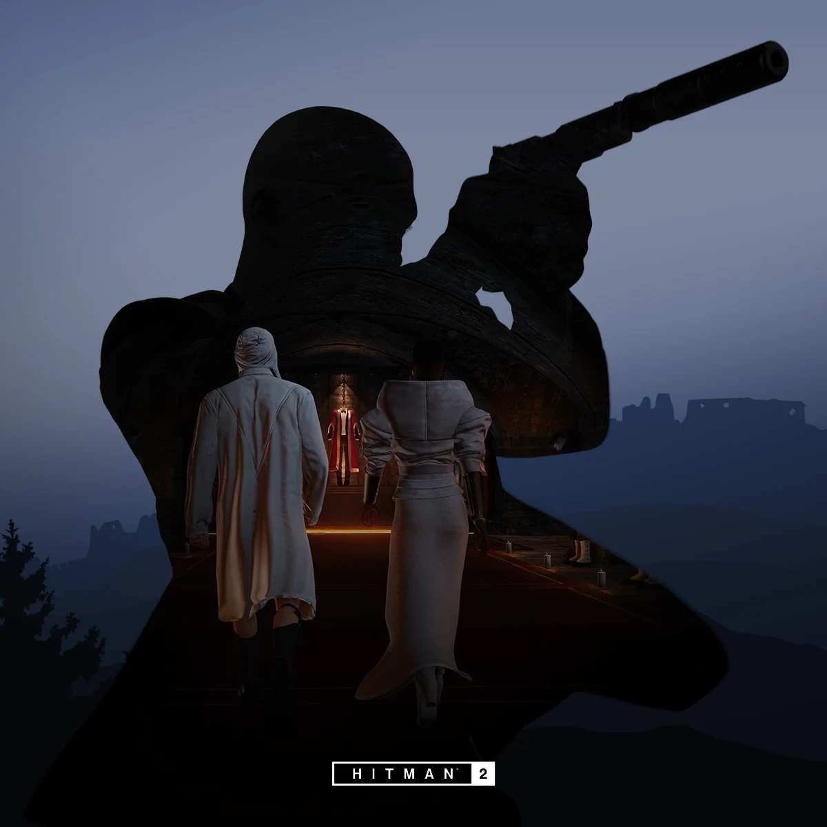 Agent 47 silhouette framing the Isle of Sgàil in Hitman 2