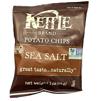 A 1 oz bag of Kettle Brand Potato Chips, Sea Salt flavor, featuring Non-GMO and gluten-free labels.