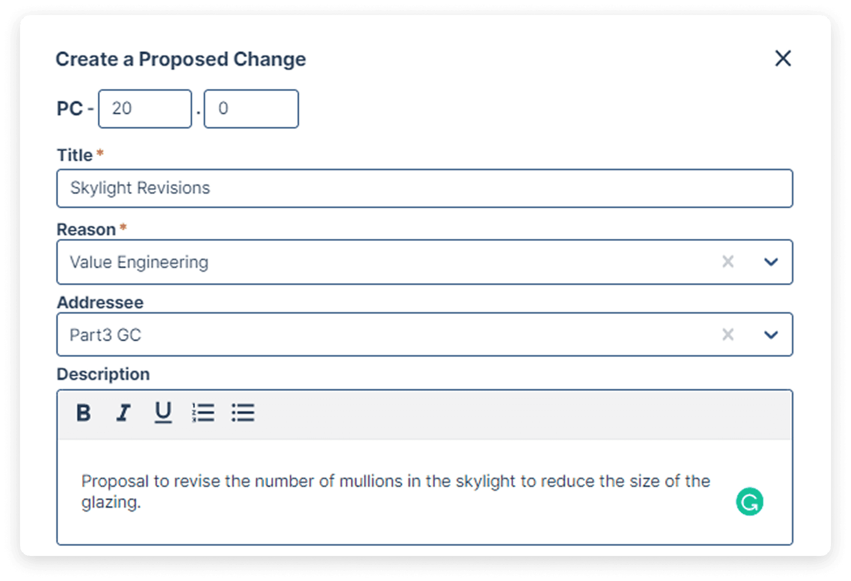 Create a proposed change with title, reason, and description fields in Part3’s change order software