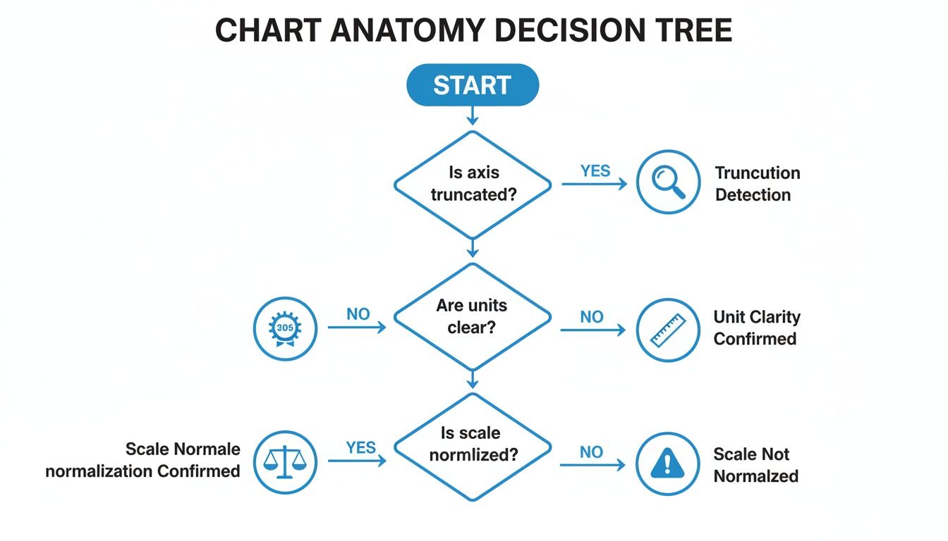 A decision tree flowchart for analyzing chart anatomy, checking axis truncation, unit clarity, and scale normalization.