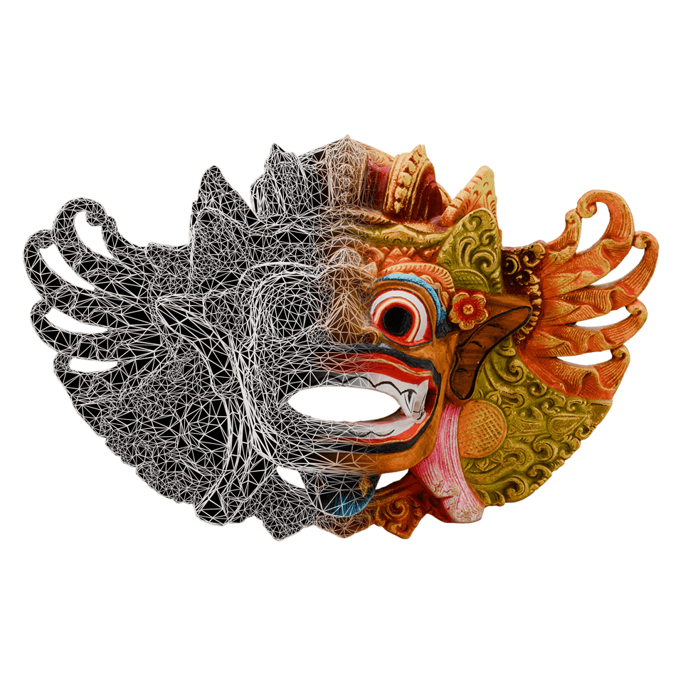 2D render of the mask, with left side as a white wireframe, and merging towards the right as a textured model.