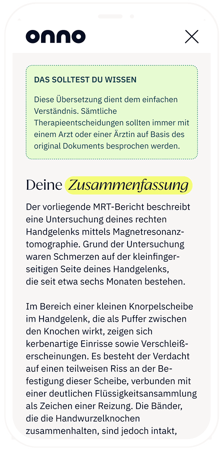 Ansicht einer von Simply Onno erstellten Zusammenfassung eines medizinischen Dokumentes.