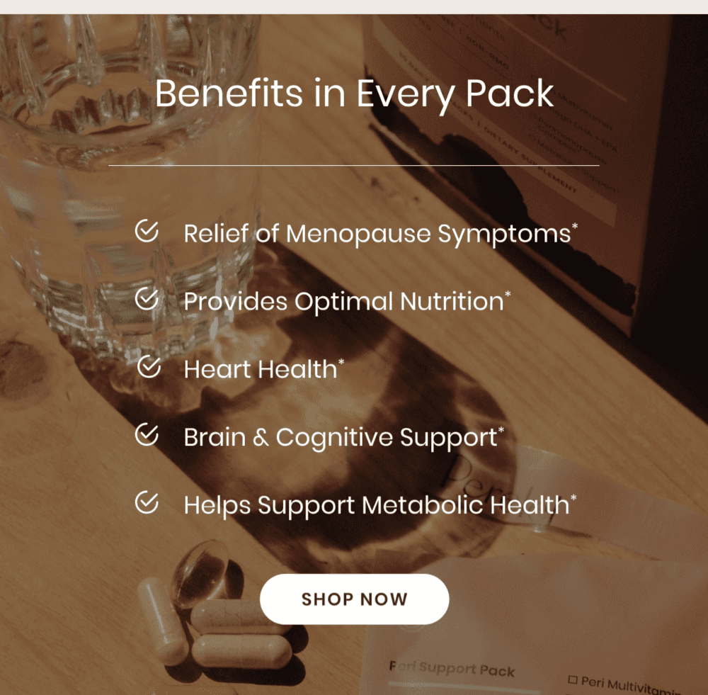 Detailed benefits of Perelel Peri Support Pack, including menopause symptom relief, optimal nutrition, heart health, and brain support