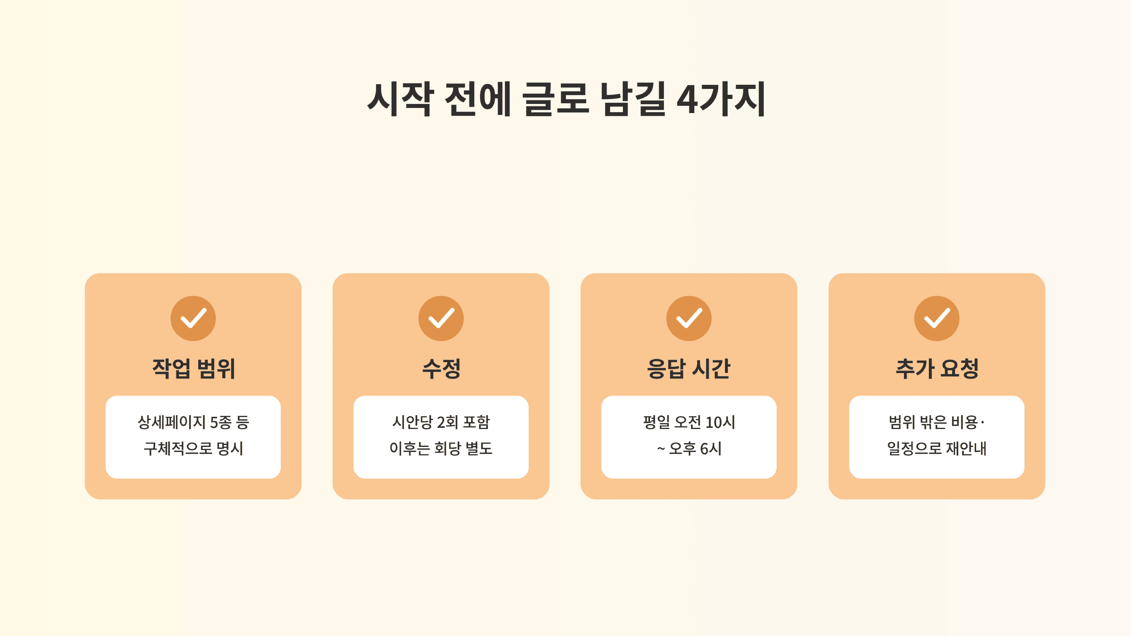 작업 범위와 수정, 응답 시간, 추가 요청을 시작 전에 글로 남기는 네 가지 항목, 분쟁의 근거가 되는 합의 문서화.