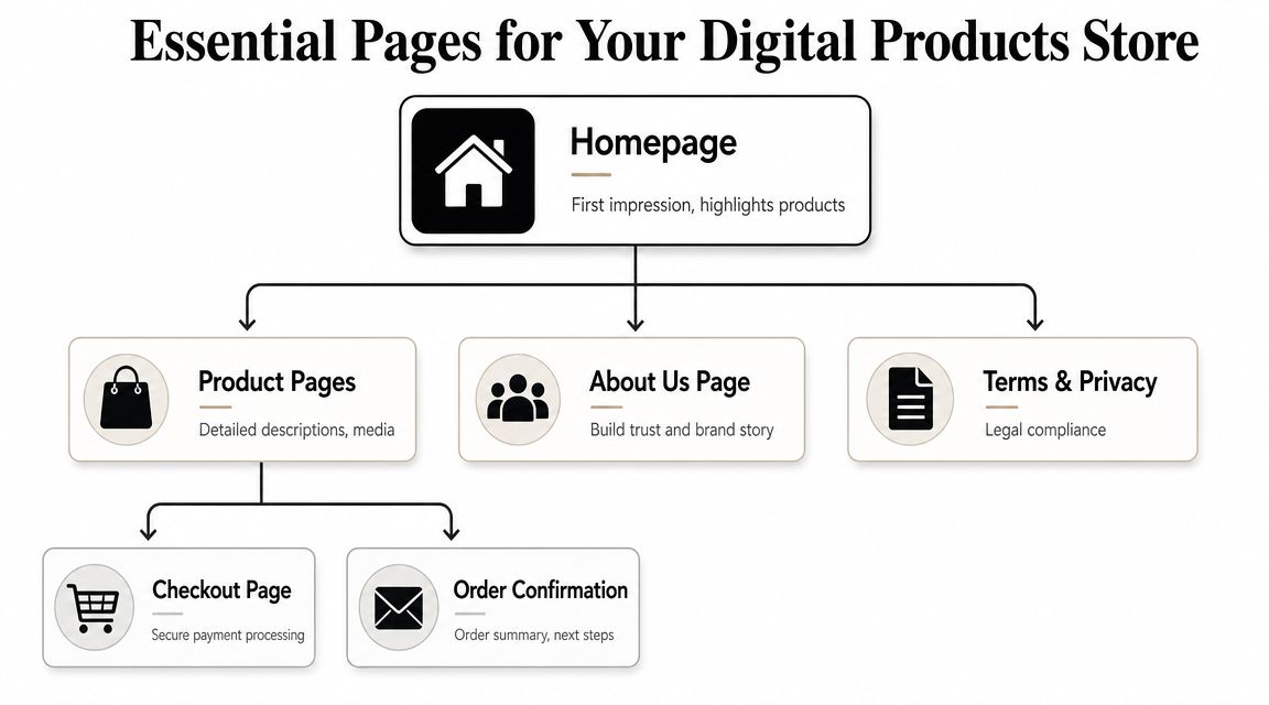 A flowchart diagram showing the essential website pages needed to successfully launch a digital products store online.