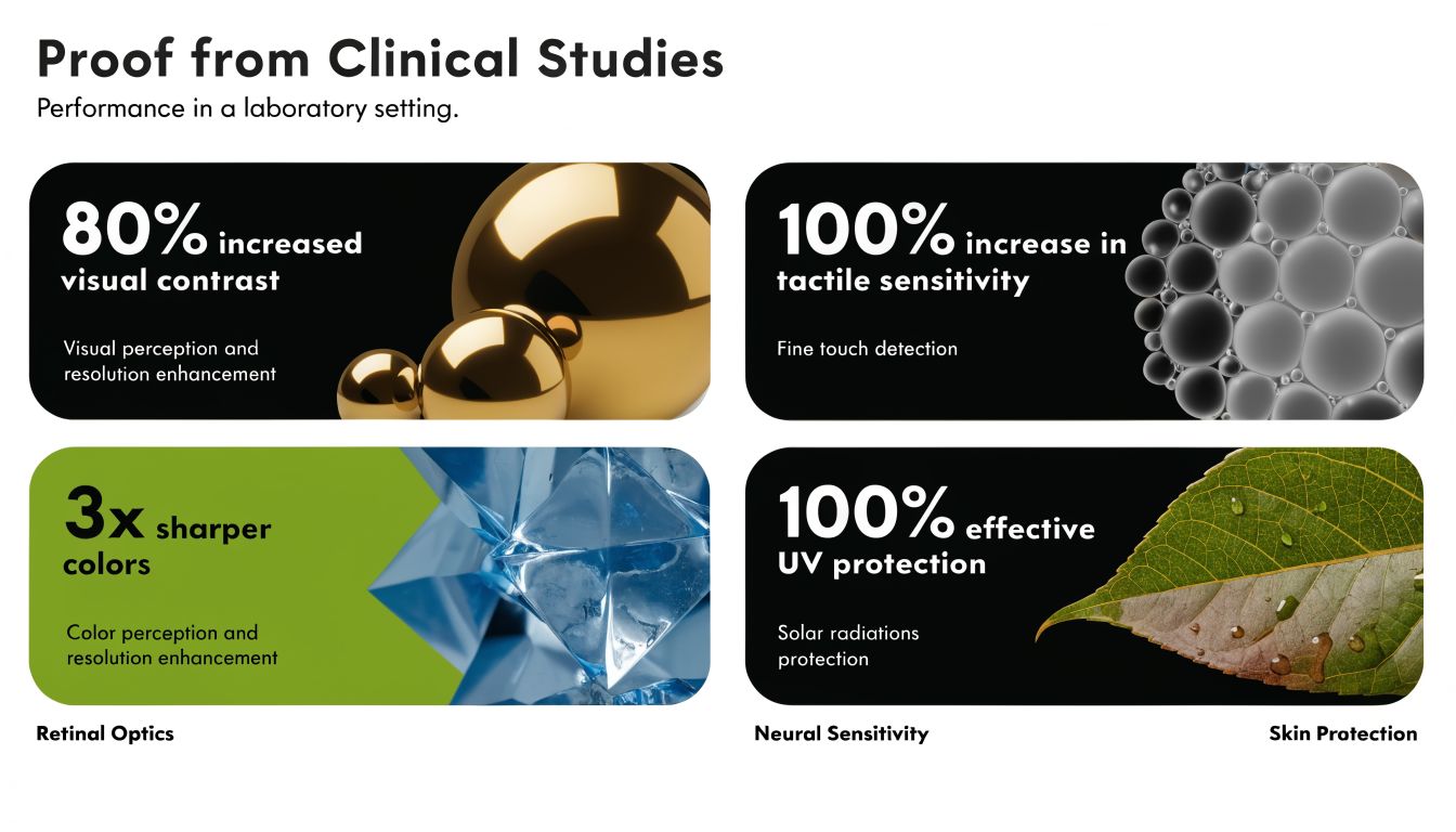 A clinical study infographic displaying four performance improvements including visual contrast, tactile sensitivity, sharper colors, and UV protection.