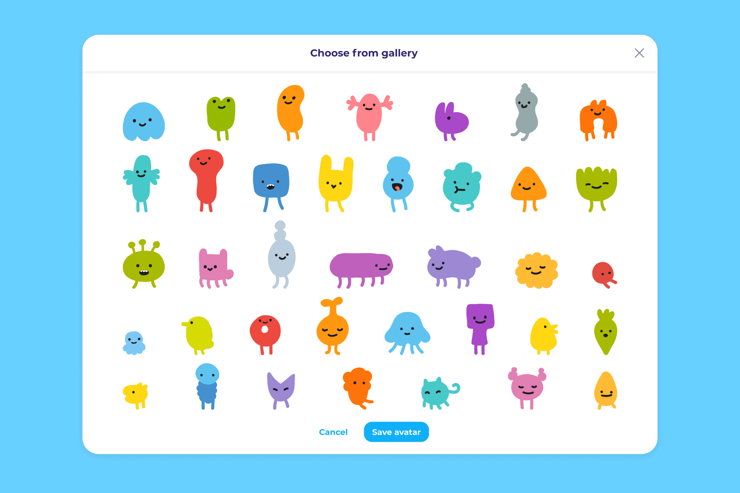 A screenshot of the student's avatar selection module, showcasing colorful blob characters