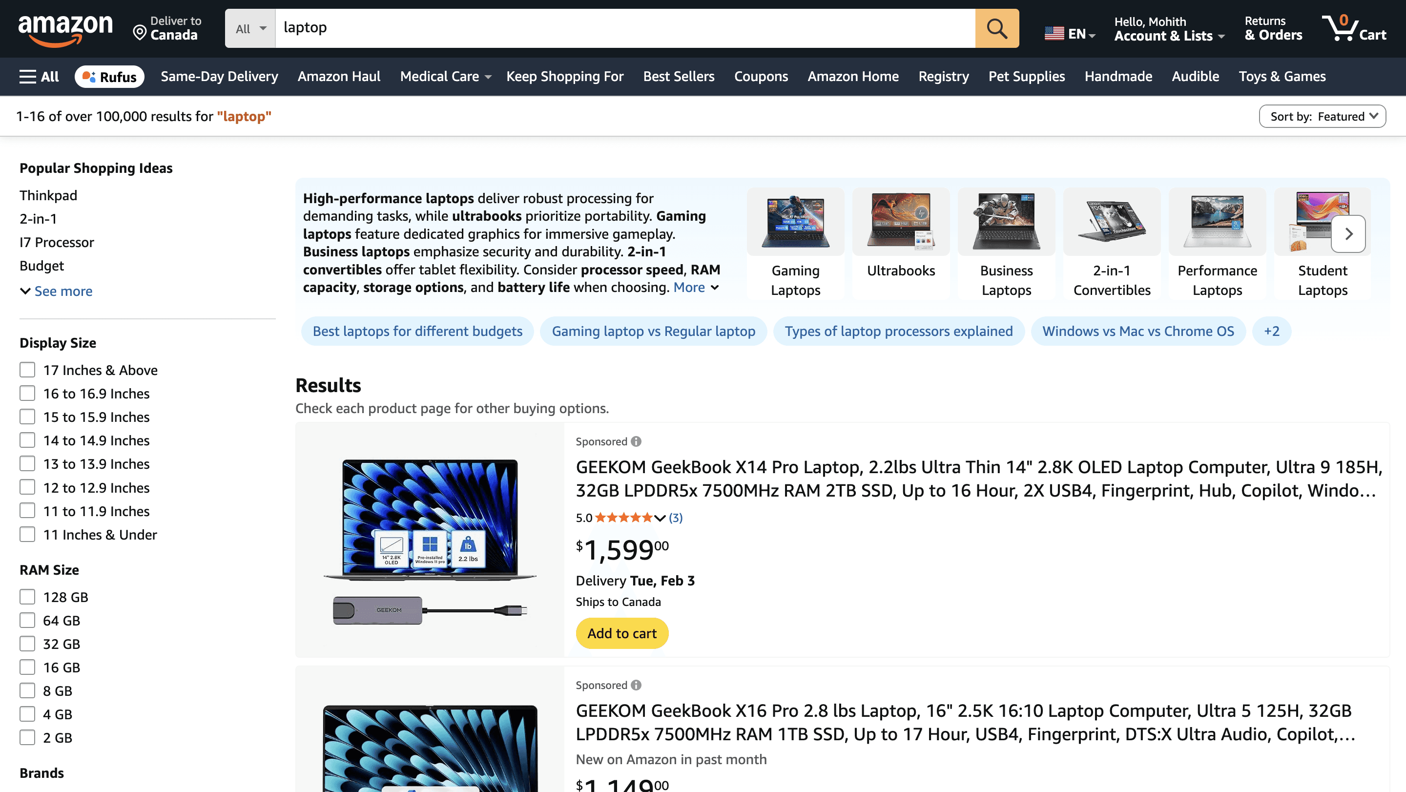 Amazon website search displaying laptops