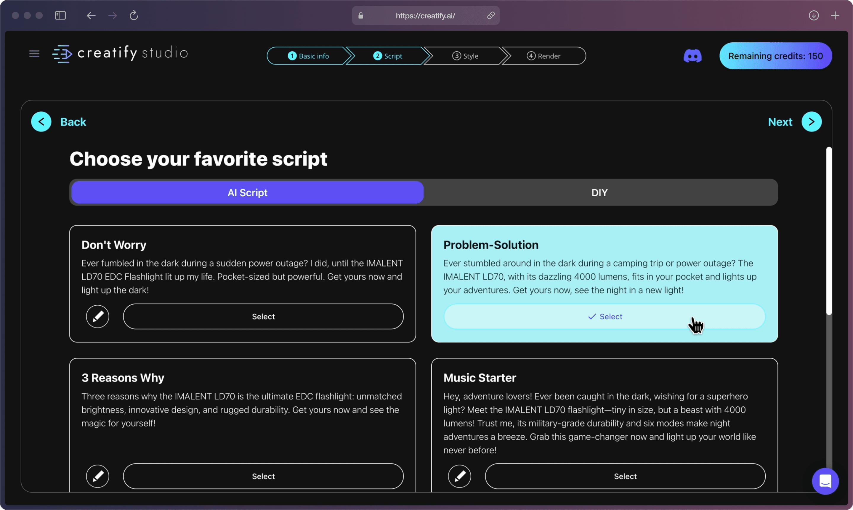 A screenshot of Creatify AI app on the “Choose your favorite script” page with several script options under “AI Script” purple bracket with one of the scripts selected in cyan blue.