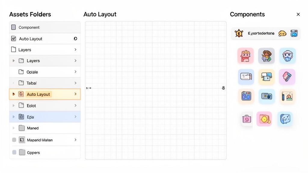 A digital design tool interface showing asset folders, an auto layout grid, and a components panel.