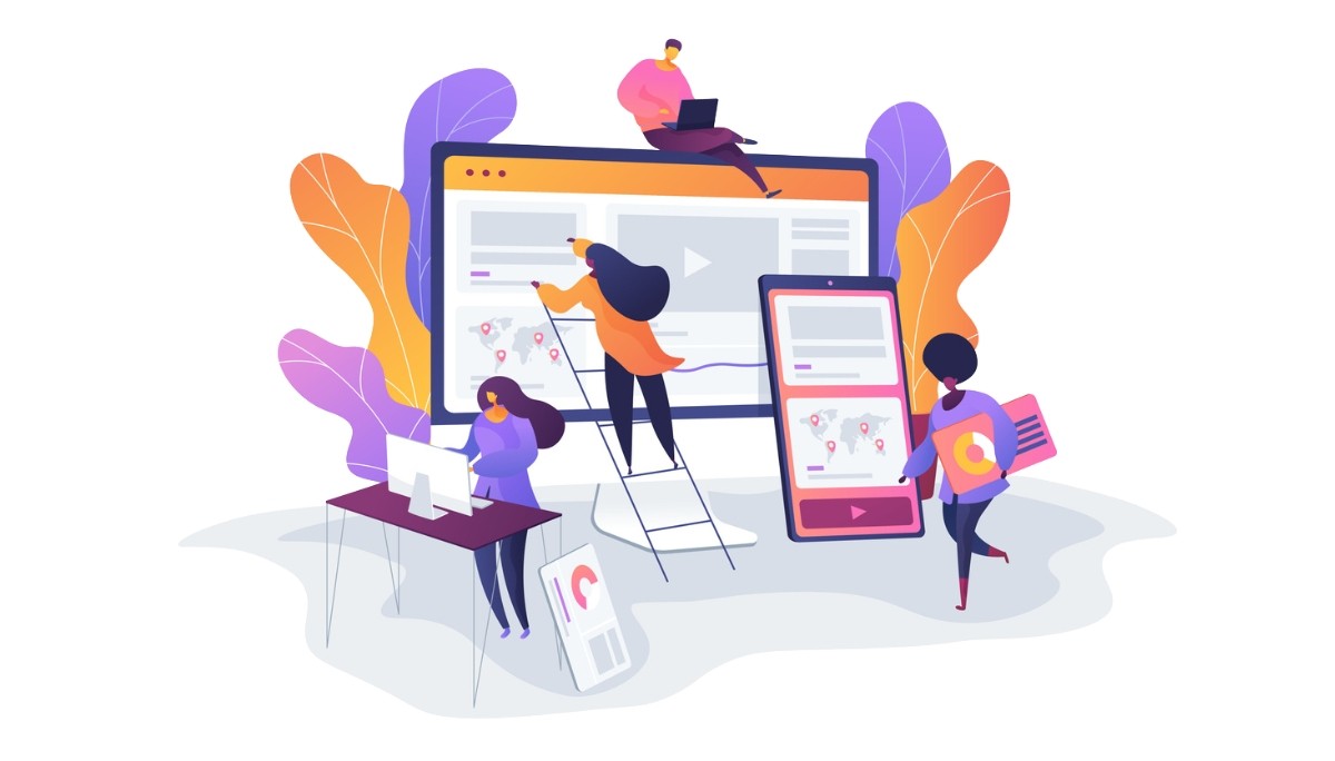 Illustration of a diverse team collaborating across digital devices—desktop, tablet, and smartphone—designing charts, maps, and multimedia interfaces, symbolizing the cross-platform, real-time collaboration enabled by Figma for modern product teams.