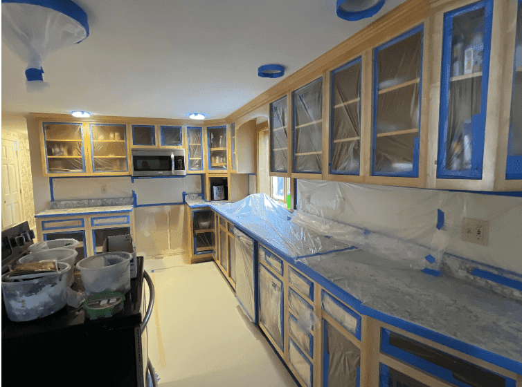 cabinets and furniture covered and taped by hhyannis painting