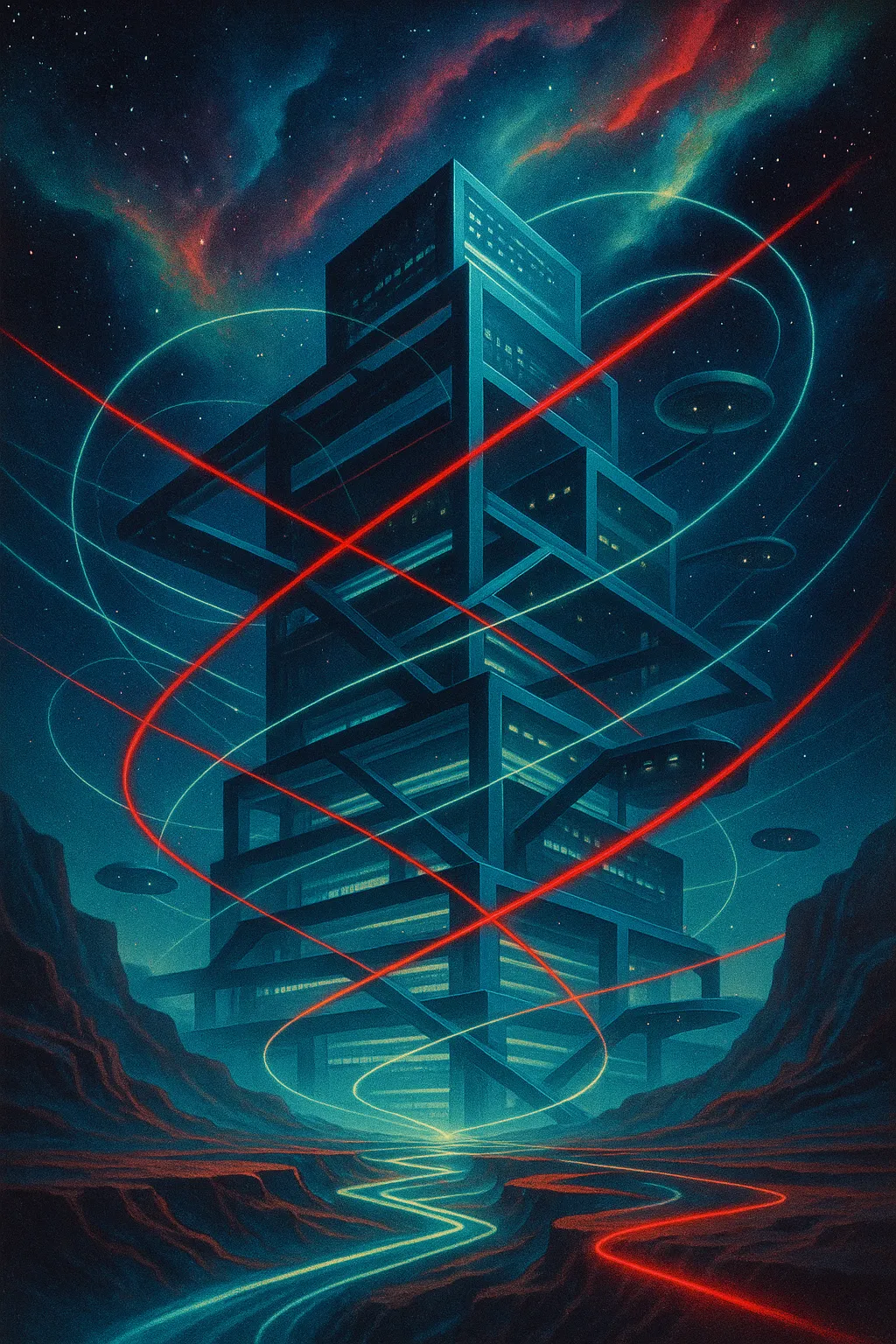 Futuristic skyscraper with glowing lines; RockN' Socials Digital Marketing Agency.