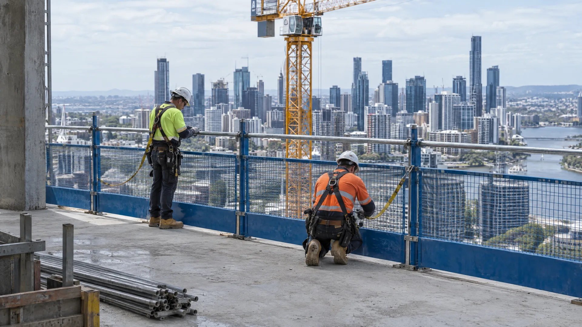 Edge protection screens and guardrails on a high-rise slab edge, an engineering control in the hierarchy of controls
