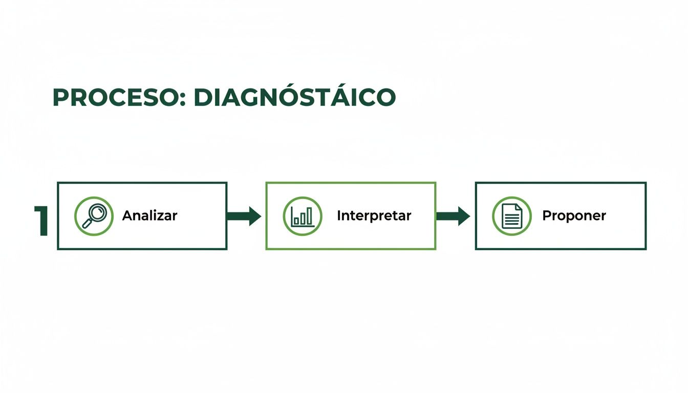 Diagrama de flujo del proceso diagnóstico que incluye las etapas de analizar, interpretar y proponer.