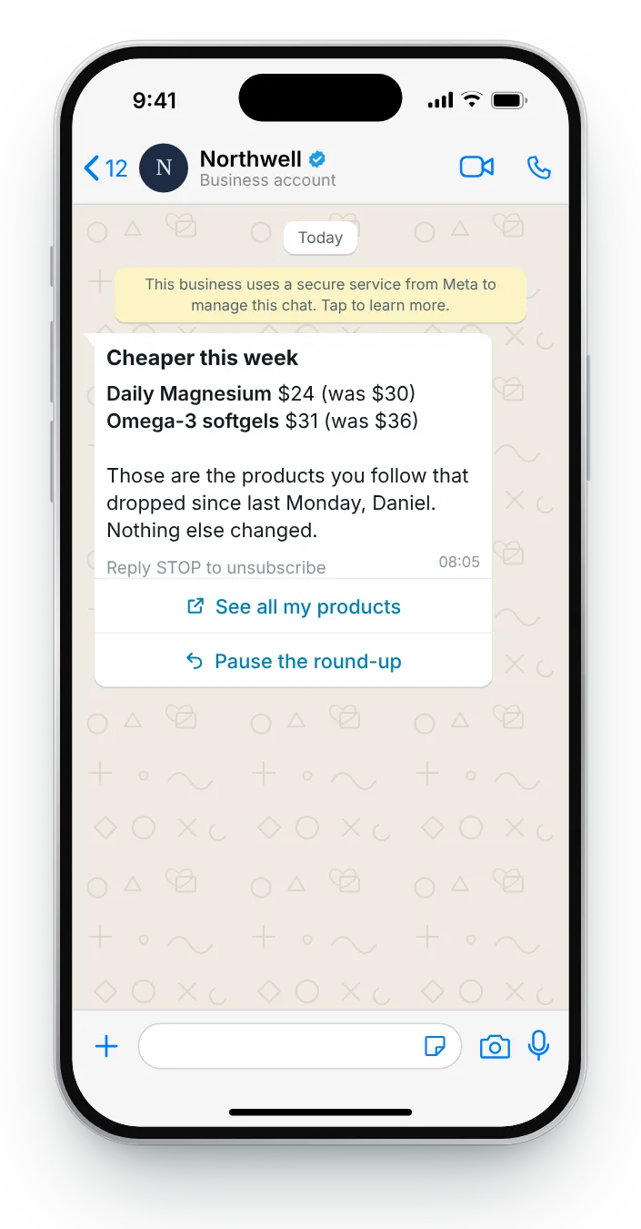 One weekly round-up instead of many alerts: WhatsApp price drop message on an iPhone