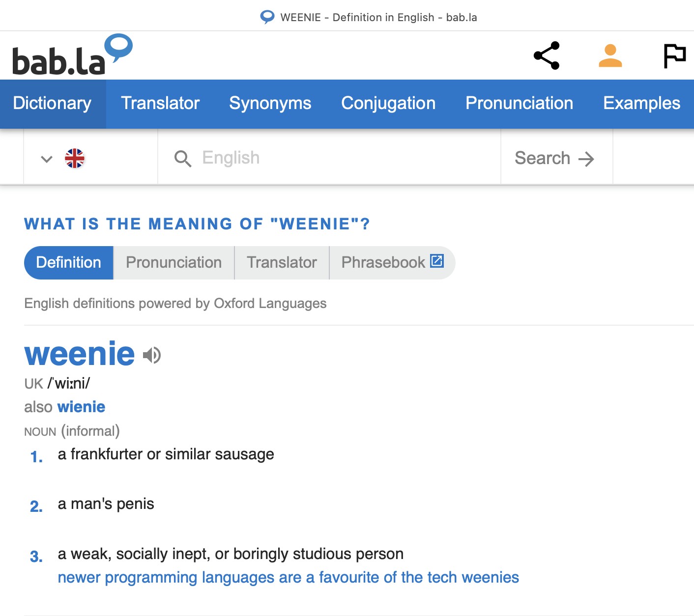 a screenshot of definitions of the word "weenie"