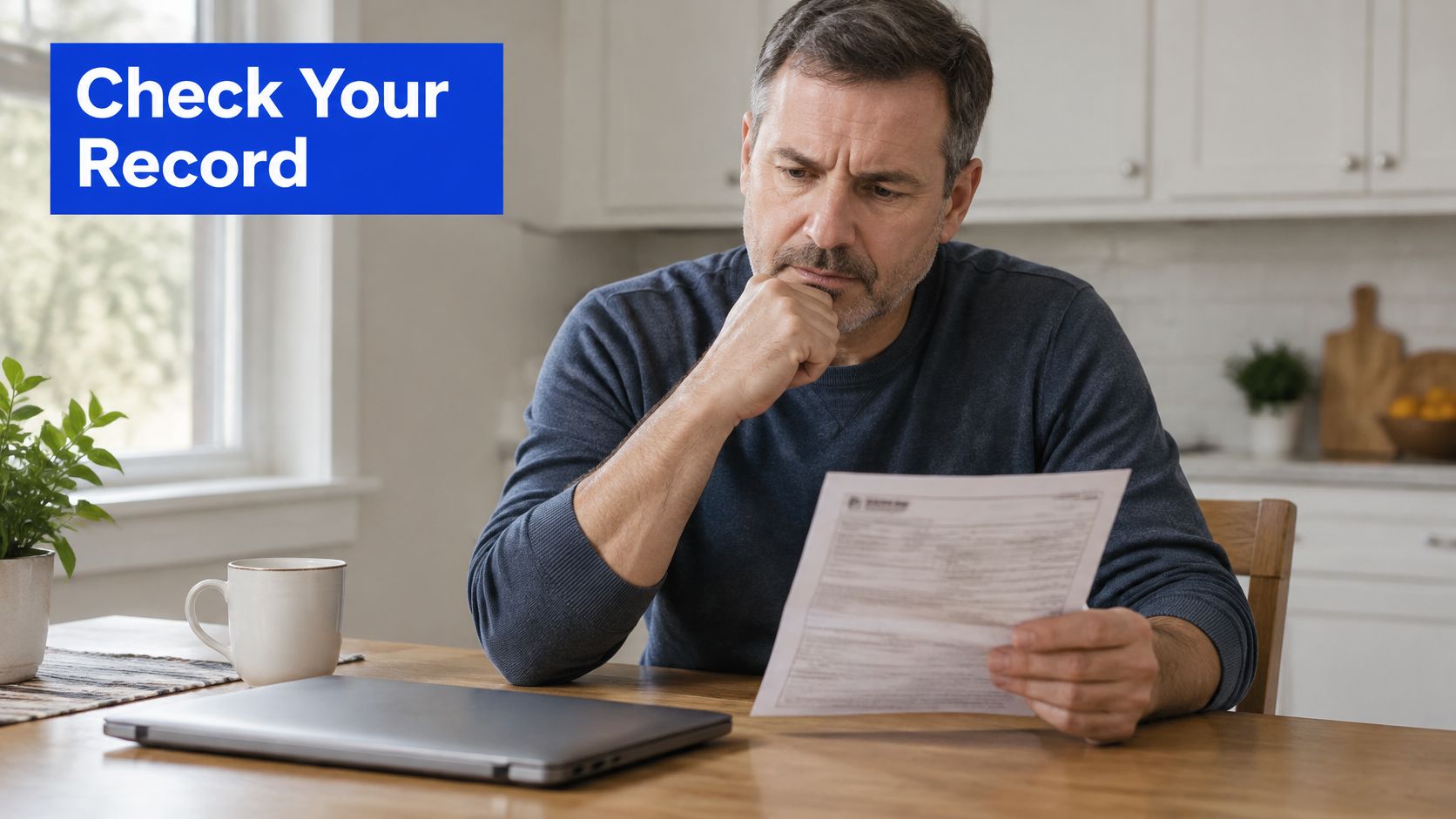 A concerned middle-aged man sits at a kitchen table carefully reviewing a legal document at home.