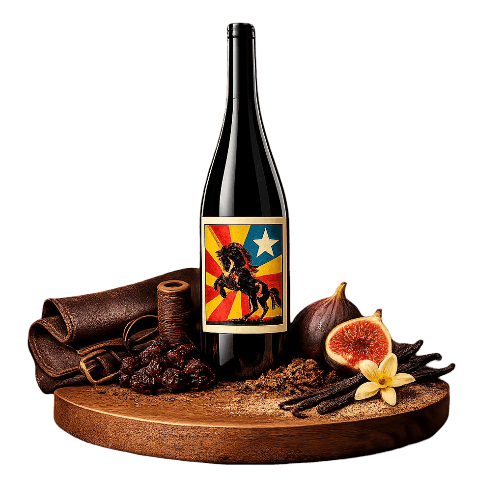 Artistic label and flavor profile for Texas Tempranillo on a rustic wooden table.