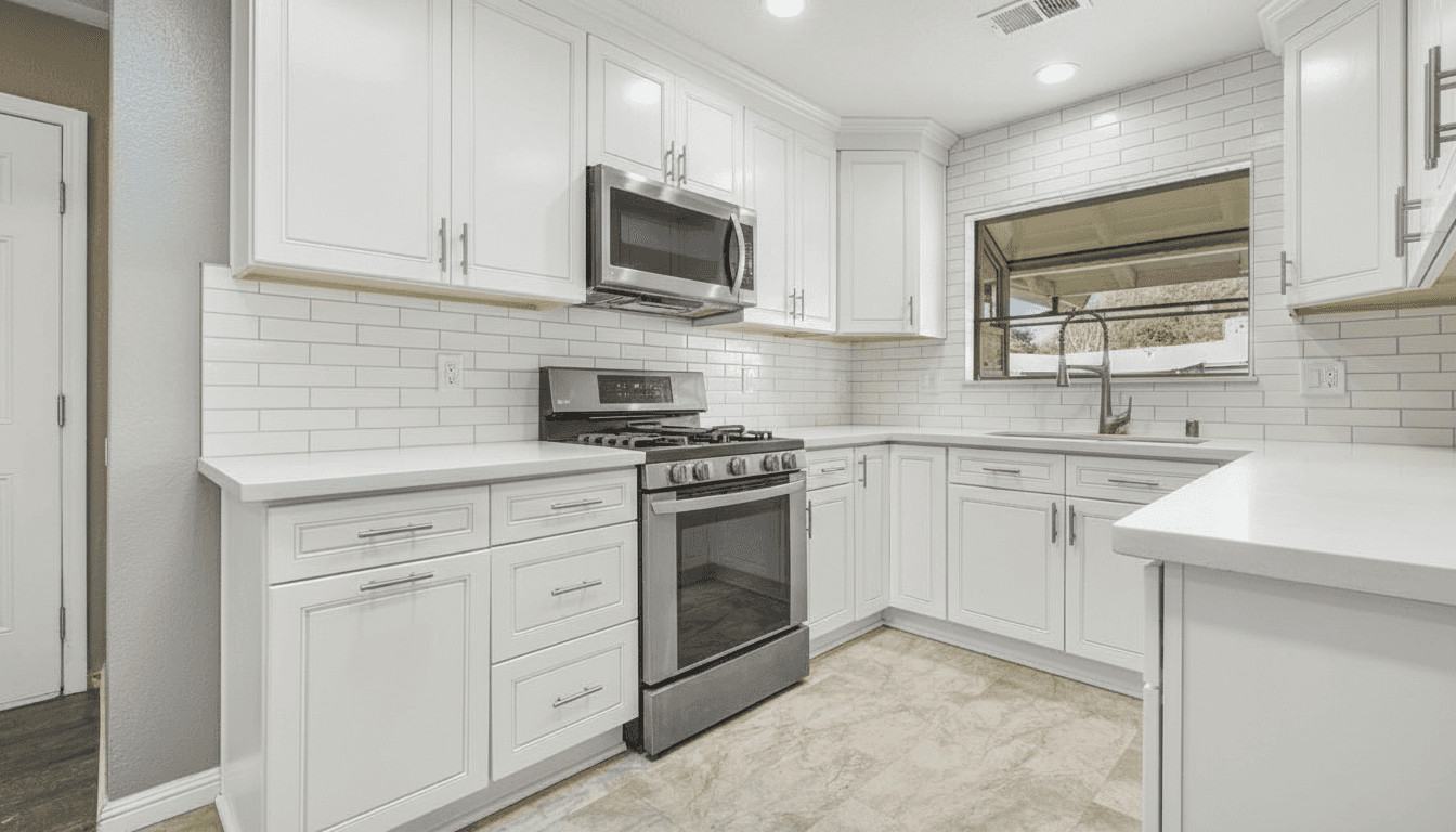 Same kitchen with bright white painted cabinets