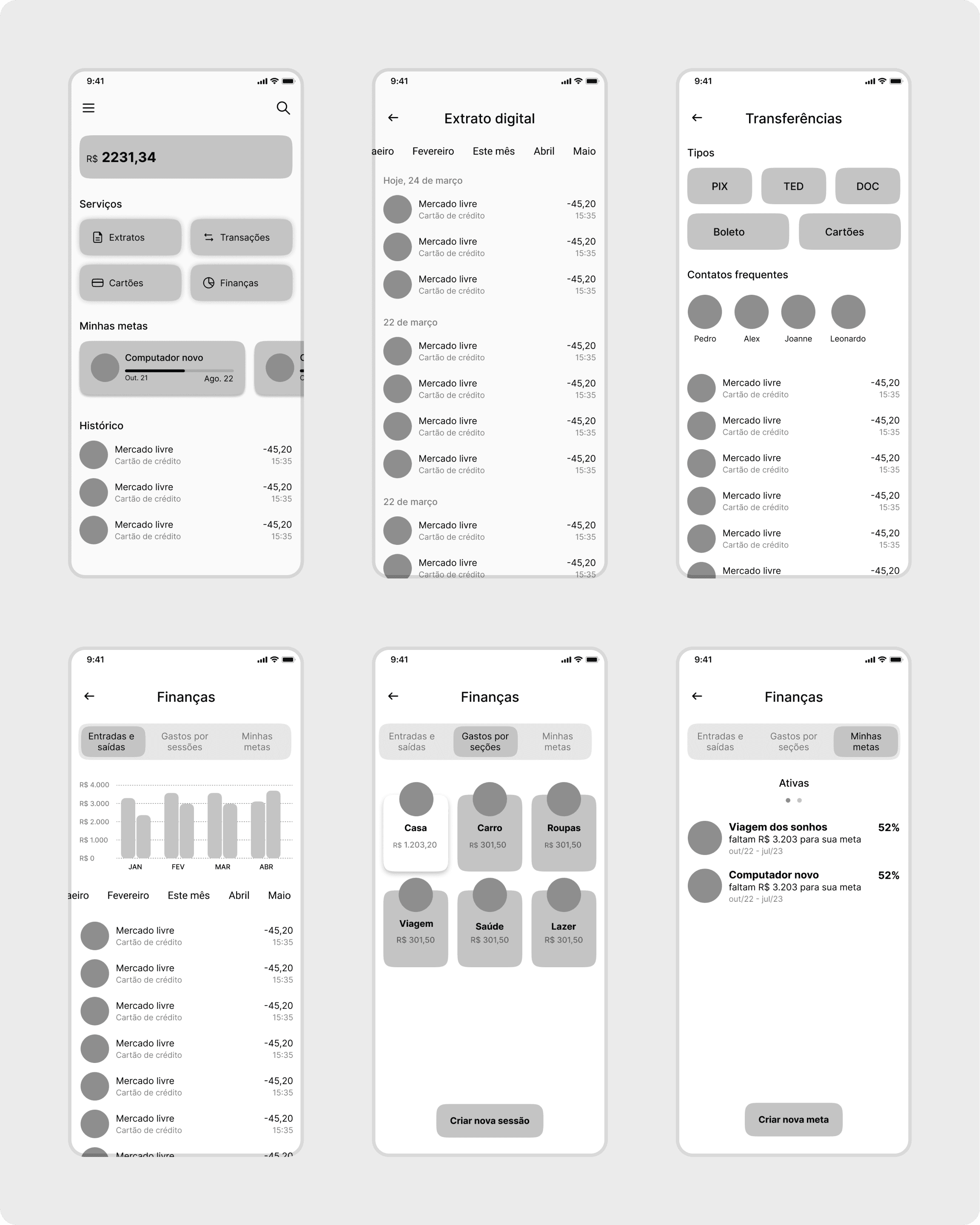 Imagens de wireframes (rascunhos) utilizados no projeto