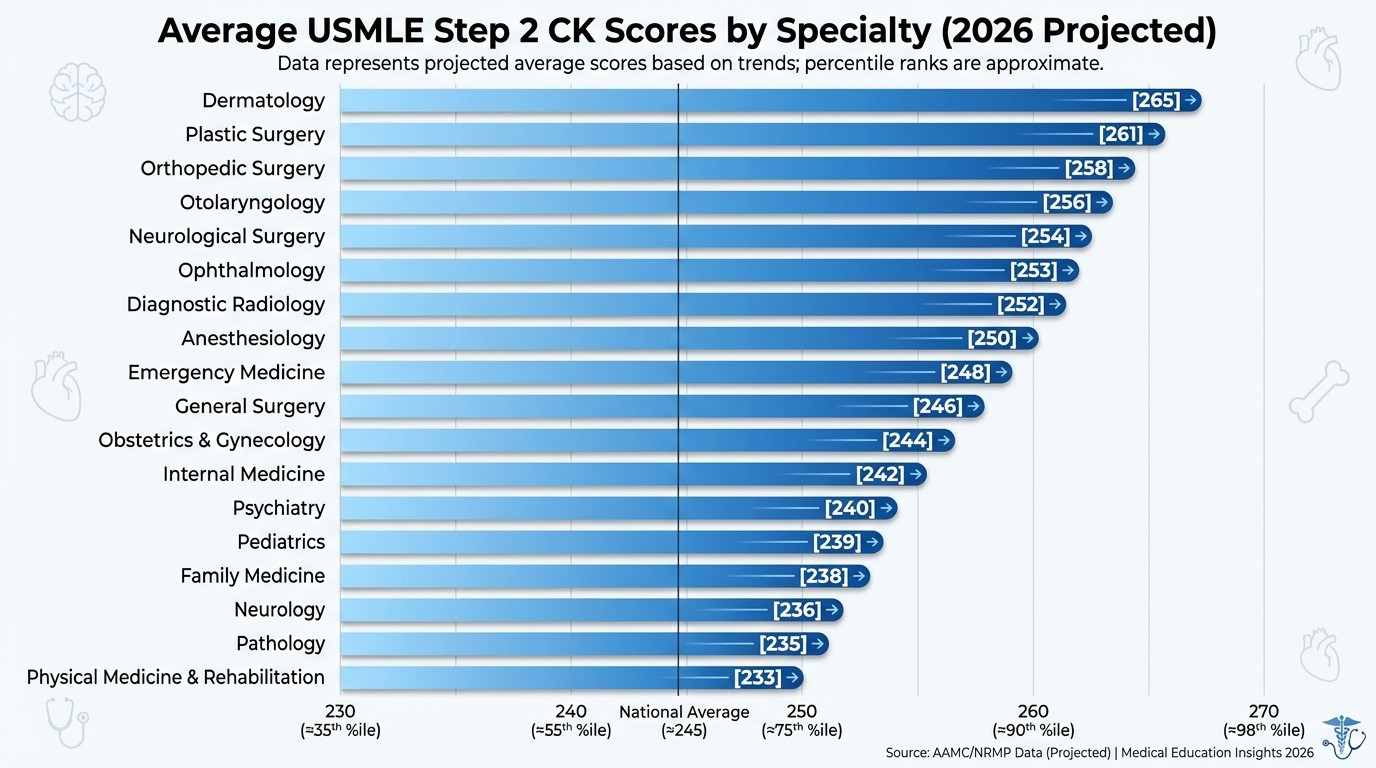 Step 2 CK average scores by medical specialty comparison chart 2026