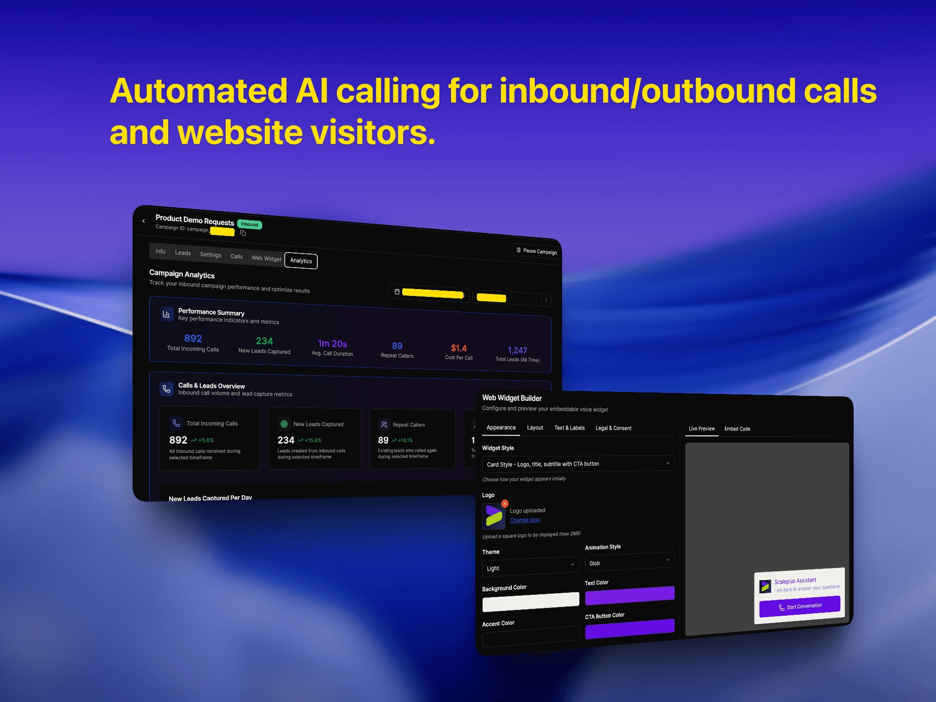 Automated AI calling platform with inbound/outbound call analytics and customizable website chat widget for visitor engagement and lead capture | VoiceAIWrapper