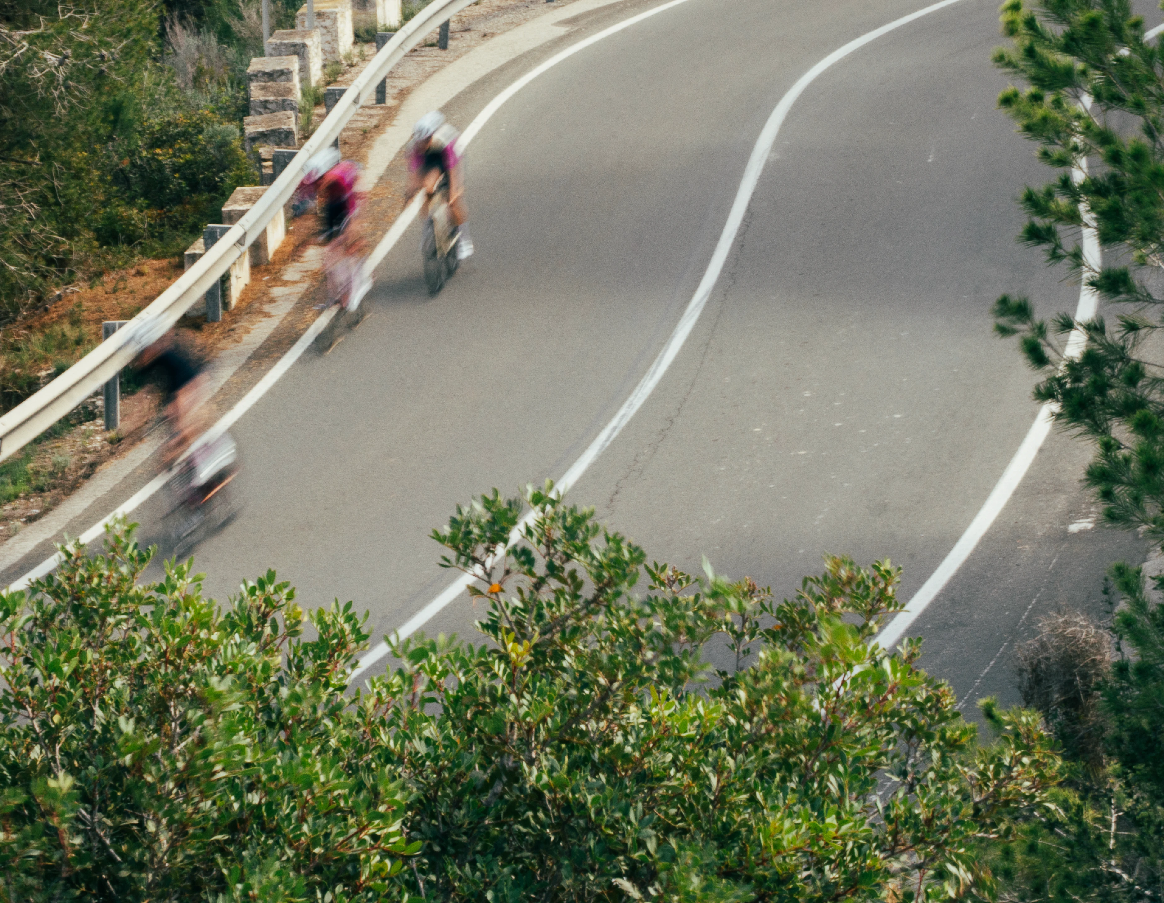 wide shot of a group of cyclists.
