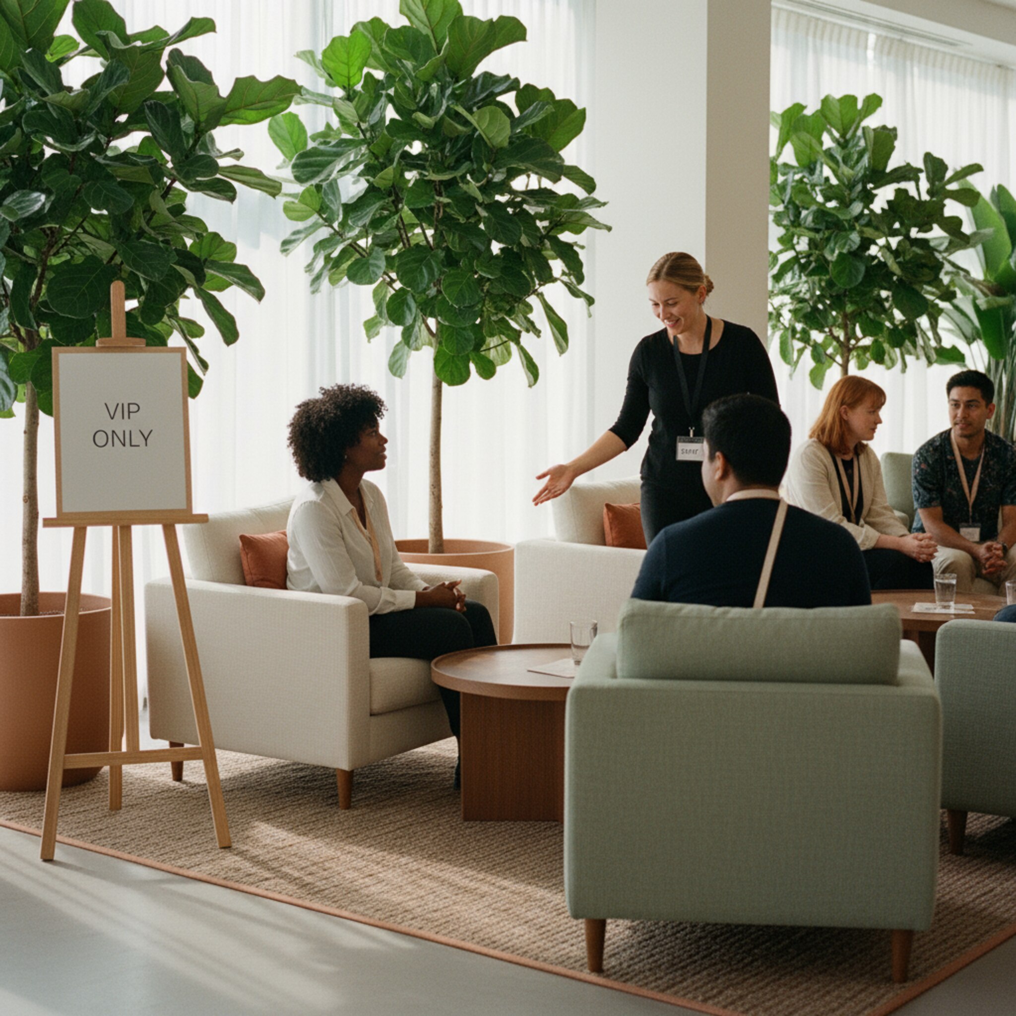 Eine ruhige Lounge-Ecke mit dezentem VIP Only Schild, sanftes Licht fällt auf bequeme Sessel. Ein Host begrüßt Gäste mit Lanyards und weist auf exklusive Bereiche hin. Pflanzen und gedämpfte Farben schaffen Privatsphäre. Die Atmosphäre wirkt wertig und community-orientiert.