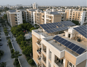 Apartments with solar panels on rooftops.