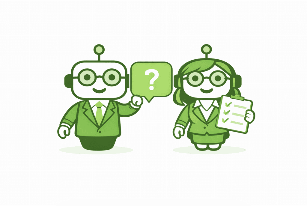 Wsparcie księgowe i odpowiedzi na pytania – robot i asystentka prezentują checklistę i pomoc dla przedsiębiorcy