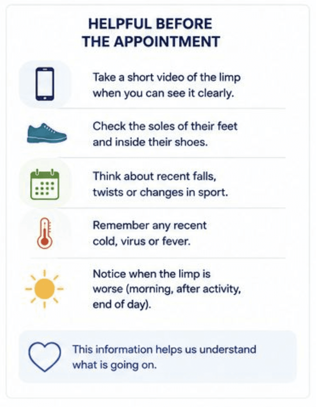 Five things that help before a paediatric appointment for a limping child, including taking a short video and checking the soles of the feet