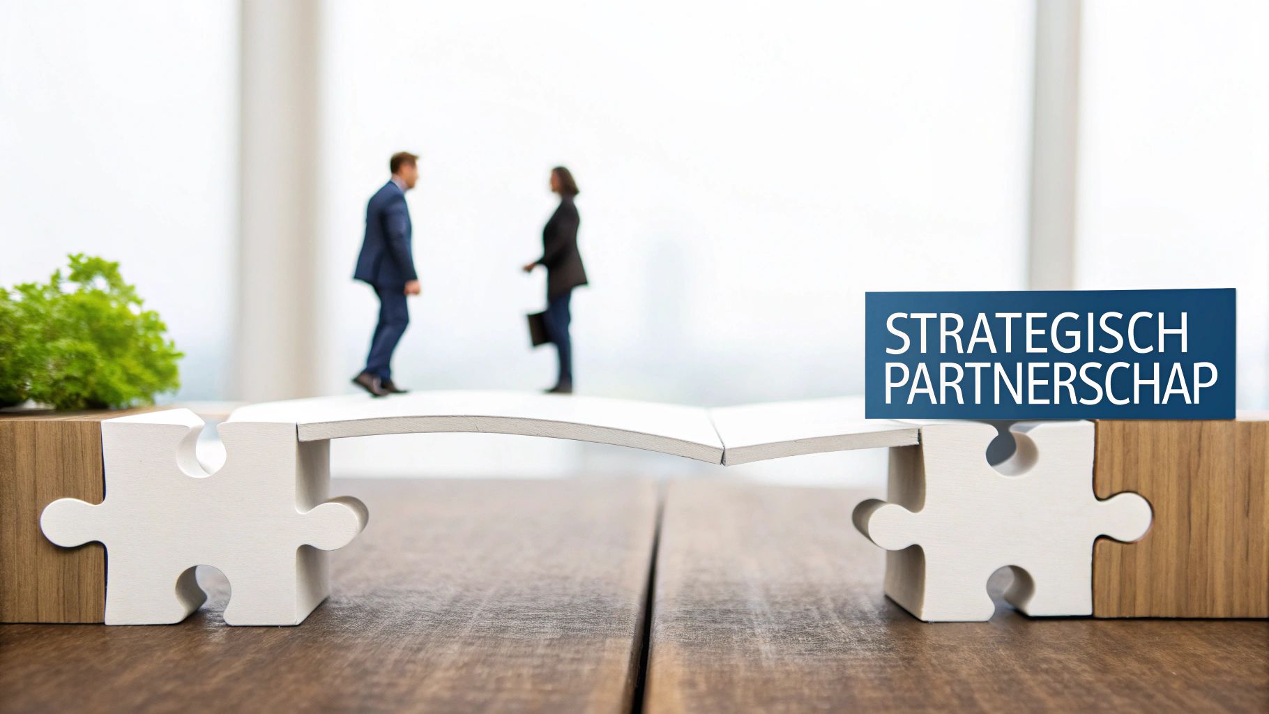 Twee zakelijke figuren lopen over een puzzelbrug, met een bordje 'Strategisch Partnerschap' aan de zijkant.